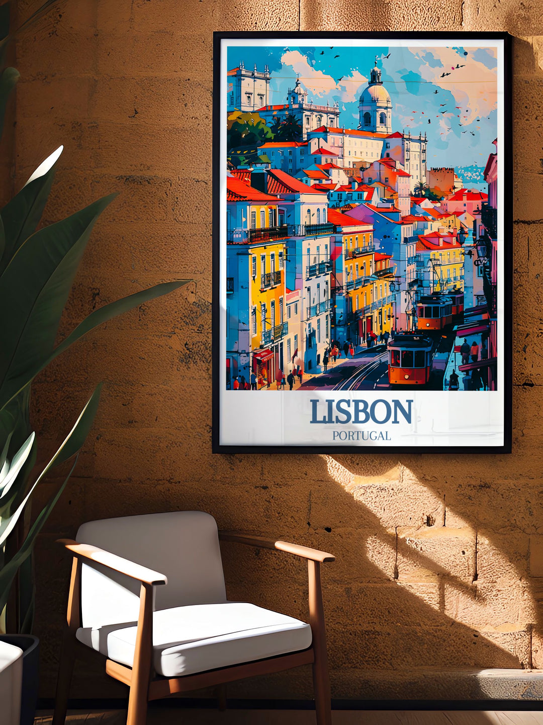 Immerse yourself in the breathtaking views of Chiado District Santa Justa Lift with our Simple Travel Print a perfect addition to your collection of Portugal Travel Art showcasing the scenic beauty of Lisbon