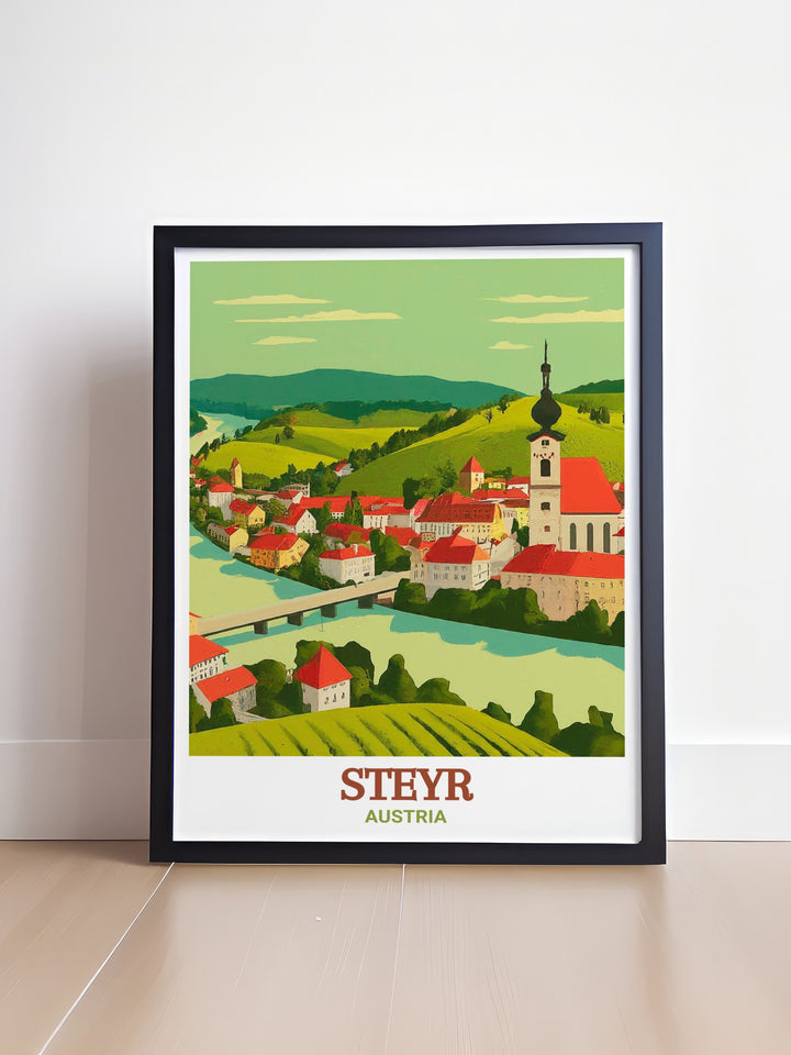 Custom print of Steyrdorf in Steyr, capturing the essence of Austrias traditional architecture. This artwork offers a timeless piece of Austria wall art that blends history with modern decor aesthetics.