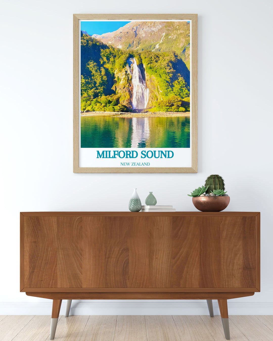 New Zealand print capturing the grand Bowen Falls in Milford Sound with its powerful waterfall and lush surroundings. Enhance your home decor with this elegant and captivating nature artwork.