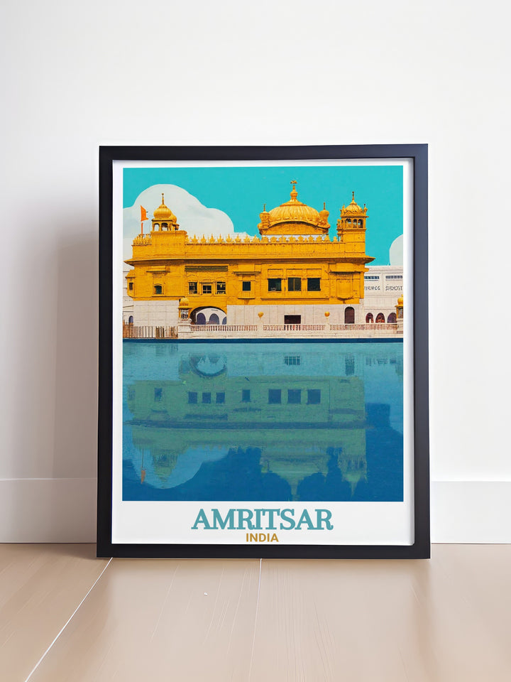 Amritsar wall art celebrates the beauty of one of Indias most historic cities, featuring the Golden Temple at its heart. Perfect for lovers of travel and cultural art, this India travel poster brings a serene yet vibrant view of Amritsar into your living space.