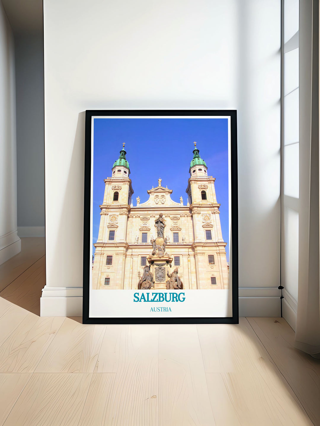 Salzburg Travel Print showcasing Zauchensee Ski Resort and Salzburg Cathedral featuring vintage skiing art perfect for adding Austrian elegance to your home with stunning modern decor that blends history and adventure