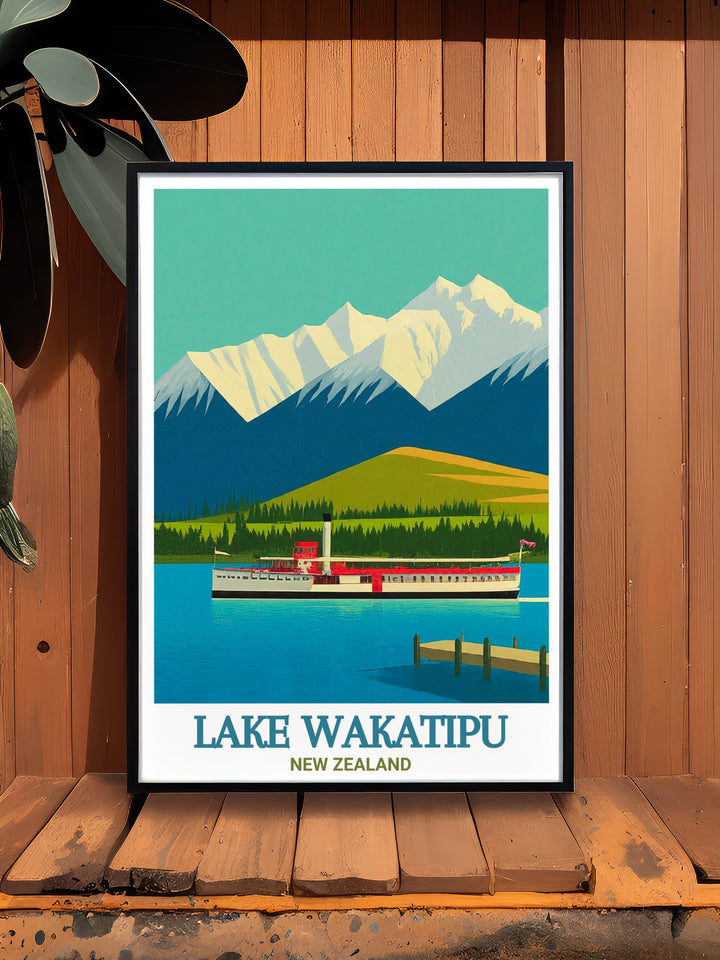 This Lake Wakatipu travel poster captures the awe inspiring views of the Remarkables mountain range in the background. Perfect for adding a calming yet striking touch to your home décor, this print is ideal for fans of nature and adventure.