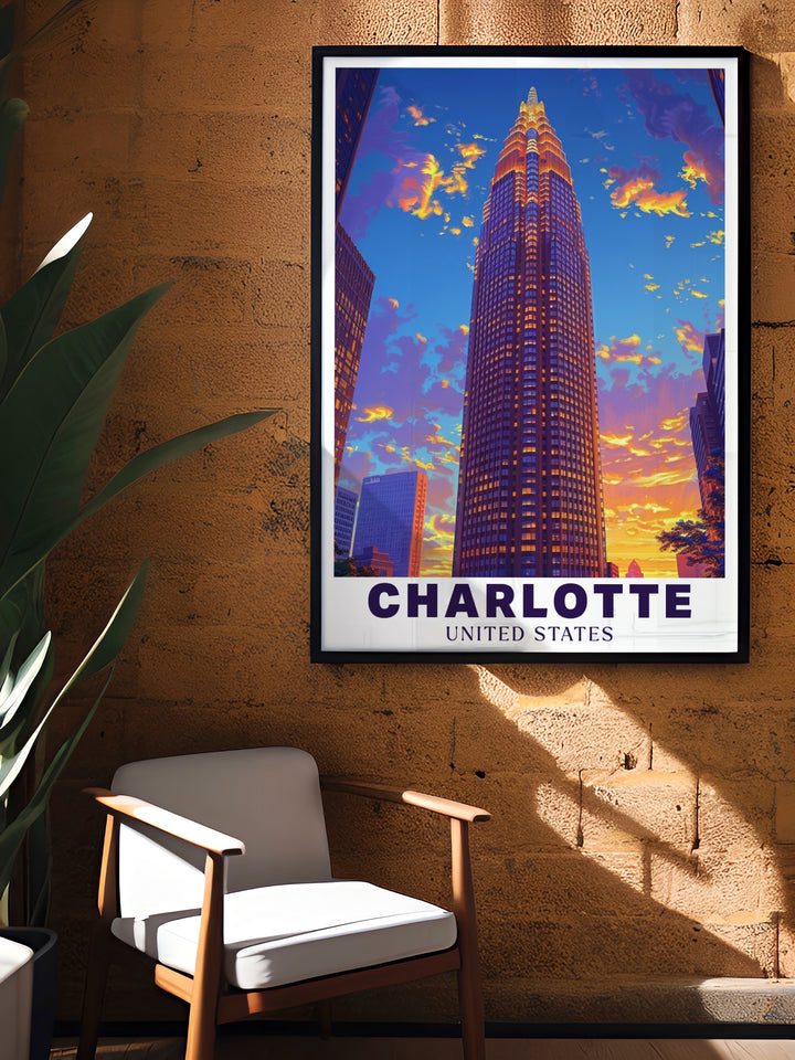 This canvas art of Charlotte showcases the grandeur of the Bank of America Corporate Center. Perfect for home or office decor, this travel poster highlights the unique skyline of the city, bringing a touch of urban charm and modern elegance into your space. A wonderful gift idea for those who appreciate architecture and travel.