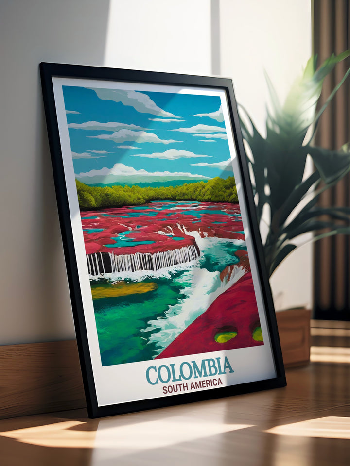 Colombia Poster Print presents the stunning landscapes of Caño Cristales and the vibrant streets of Cartagena, making it perfect for anyone who appreciates Colombias unique blend of nature and culture.