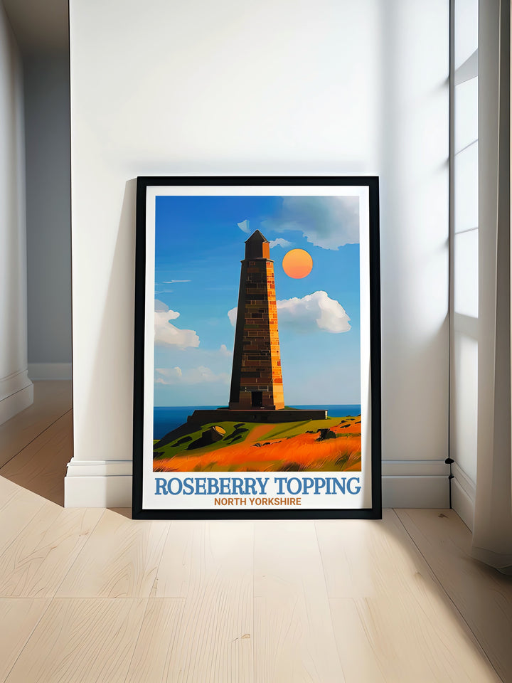 Bring the breathtaking views of North Yorkshire into your space with this Roseberry Topping travel poster. Featuring Captain Cooks Monument and the rolling hills of the North York Moors, this print is perfect for adventurers and history lovers.