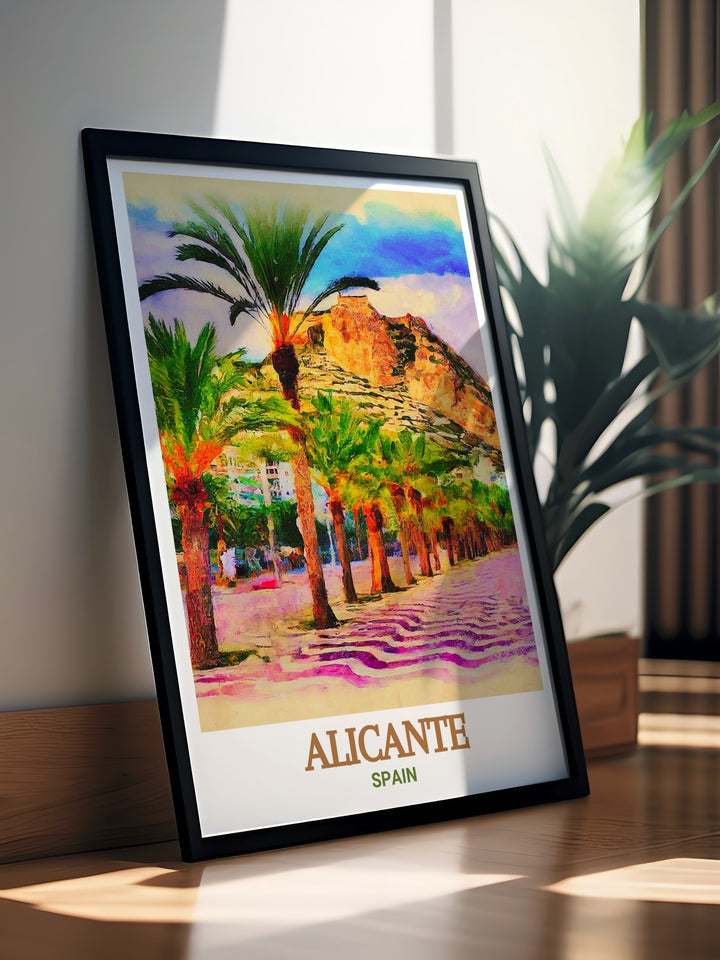 Alicante travel poster of Explanada de España, capturing the promenades vibrant atmosphere and scenic beauty. This print is perfect for decorating your home with a piece of Alicantes cultural richness and the beauty of the Costa Blanca. Let the charm of Explanada de España inspire your space.