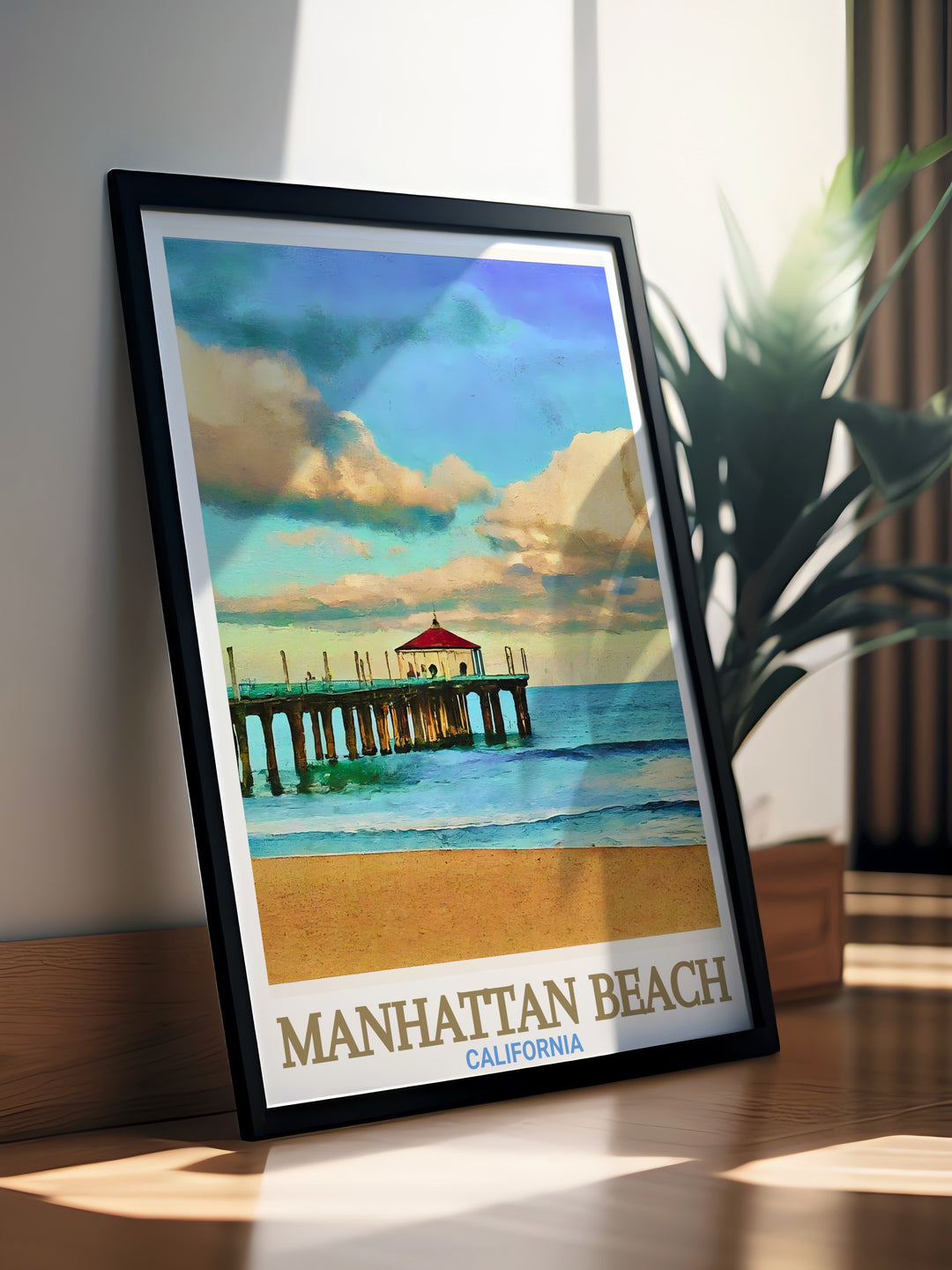 Experience the laid back charm of Manhattan Beach with this California travel poster. The Manhattan Beach Pier stands tall against the Pacific backdrop, offering a serene yet energetic coastal atmosphere that makes this print a perfect gift or décor piece for beach lovers.