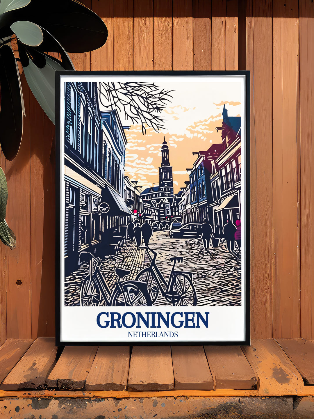 Martini Tower wall art depicting the iconic tower against the backdrop of Groningens vibrant cityscape. The intricate details of this print make it a striking focal point in any room, ideal for adding a touch of Dutch heritage to your decor.