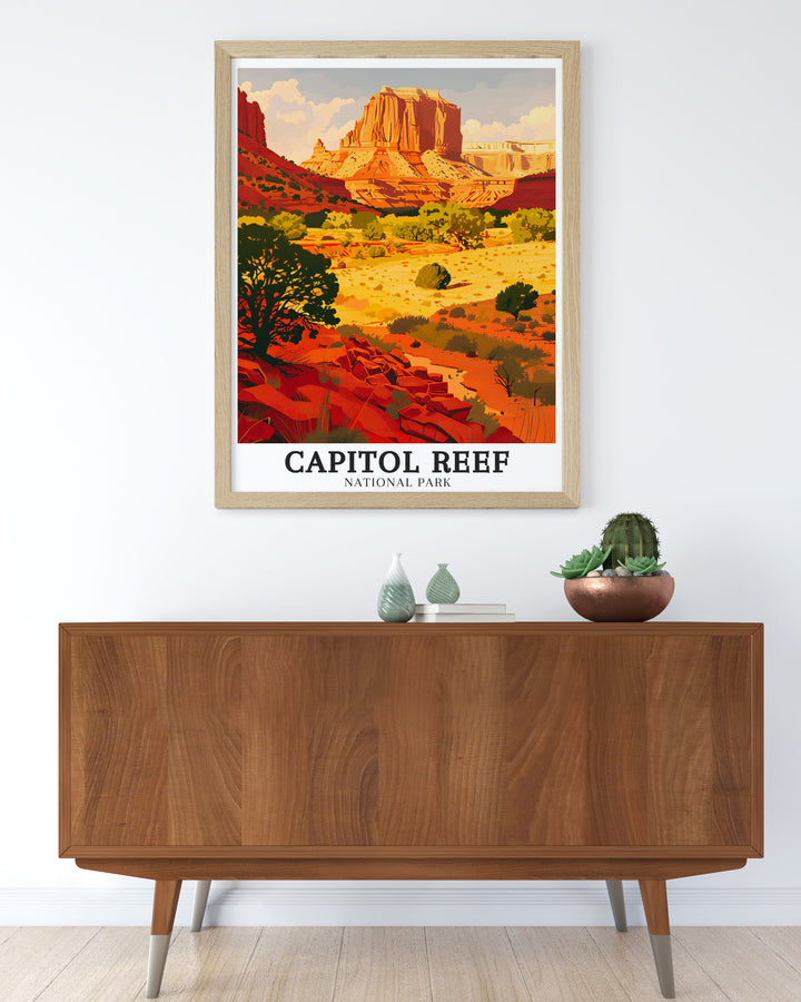 Red Rock Travel Print showcases the vibrant landscapes of Capitol Reef, featuring iconic Navajo sandstone cliffs and hidden canyons. Perfect for anyone who appreciates the unique beauty of Utahs National Parks and stunning rock formations.