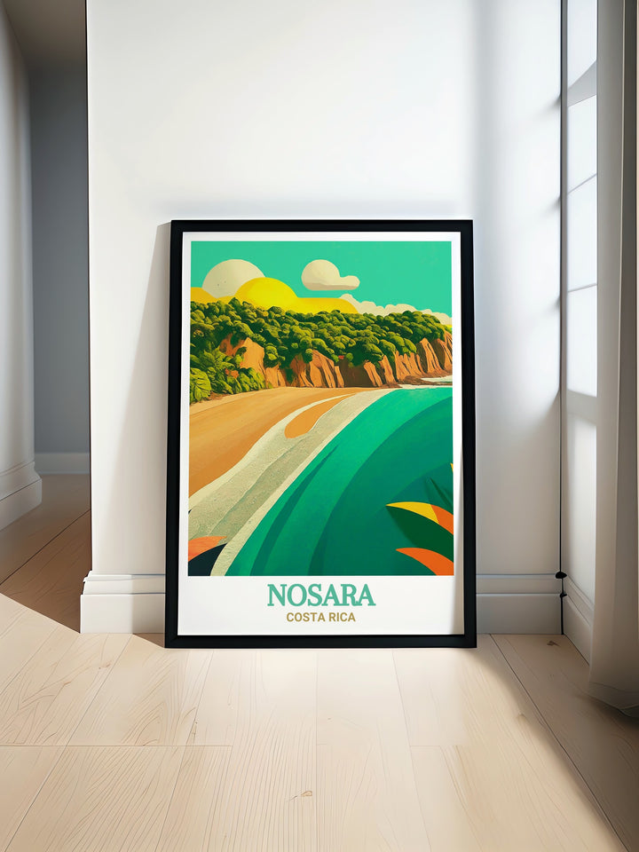 Playa Guiones in Nosara, Costa Rica, is known for its pristine shores and surf friendly waves. This artwork captures the essence of this beloved beach, from the soft sands to the gentle surf. Whether youre a surfer or simply someone who loves the ocean, this print is a perfect way to celebrate the beauty of Costa Rica.