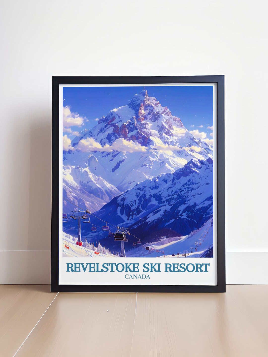 Vintage Ski Poster of Mount Mackenzie and the Revelation Gondola cable car. This framed print art brings the charm of a classic ski resort to your home. A perfect addition to your national park poster collection and bucket list prints.