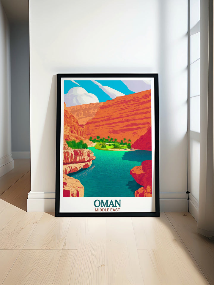 Enjoy the serenity of Omans Wadi Shab with this high quality travel poster. The detailed artwork captures the peaceful ambiance of Omans most popular wadi, making it the ideal gift for travelers and nature lovers.