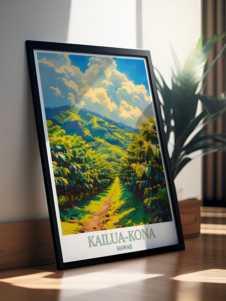 The vibrant colors and lush scenery of Kona Coffee Farms are beautifully captured in this Kailua Kona poster print. Perfect for any nature or coffee lover, this travel print brings the warmth and authenticity of Hawaii into your home.