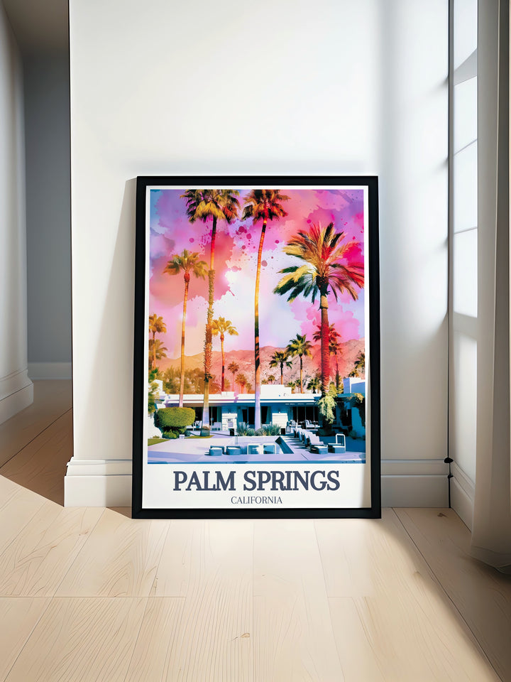 Palm Springs Travel Poster featuring the famous Grenfall Road and Limon Palm Springs Hotel, designed as a vibrant wall print perfect for those who love California and its mid century modern aesthetic.