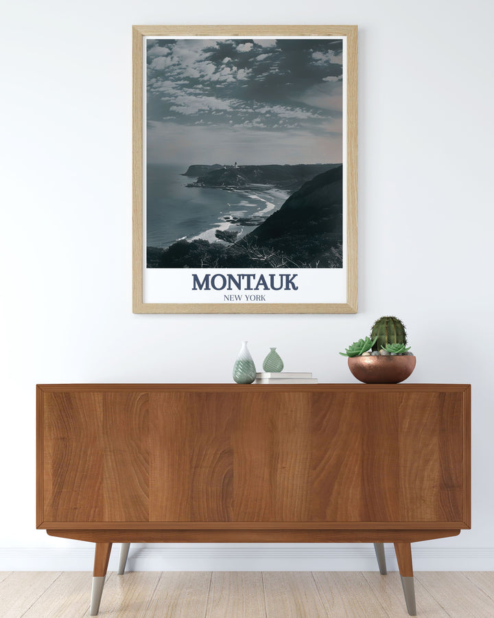 Modern Montauk Print featuring Montauk Point Lighthouse and Camp Hero State Park elegant design perfect for stylish living spaces and as a versatile gift option for any special occasion