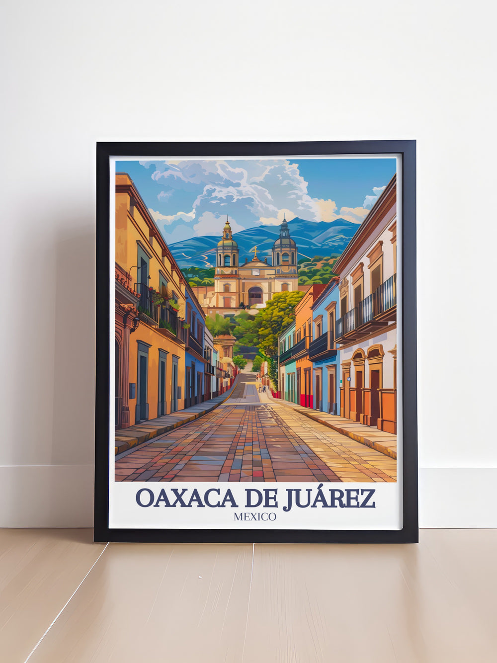 Celebrate the cultural richness of Oaxaca de Juárez with this beautiful travel print, showcasing the grand Santo Domingo Church and the colorful energy of Calle Macedonia Alcalá. The perfect addition to any Mexico themed art collection.