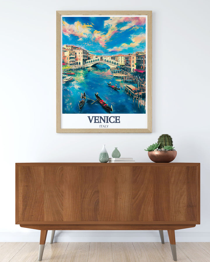 A detailed travel print featuring the Rialto Bridge and Grand Canal, two of Venices most famous landmarks. This beautiful wall art makes an excellent addition to any space, capturing the rich history and scenic views of the city.