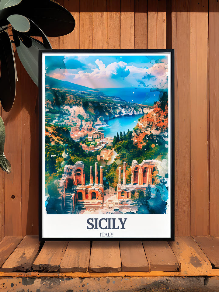 Capture the essence of Sicilys rich history with this wall art featuring the Valley of the Temples and Teatro Antico di Taormina. The detailed artwork and colorful palette bring these landmarks to life, adding a touch of Italy to any space.