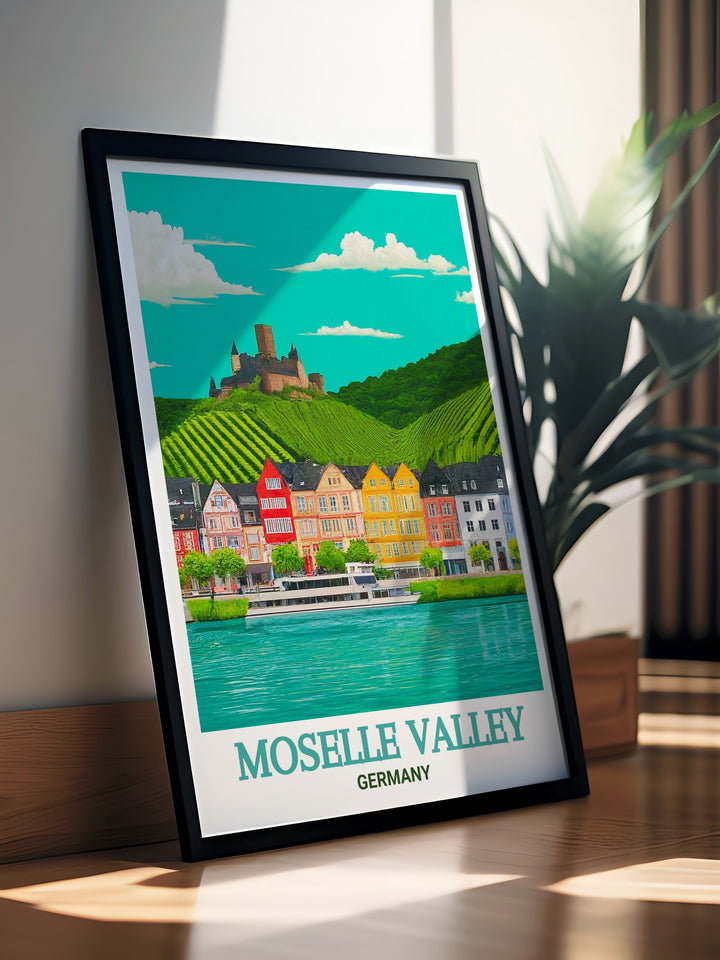 Bernkastel Kues artwork from Moselle Valley offering an elegant Germany travel art option. This modern print brings the scenic views of the famous wine region into your living room decor creating a unique and sophisticated atmosphere.