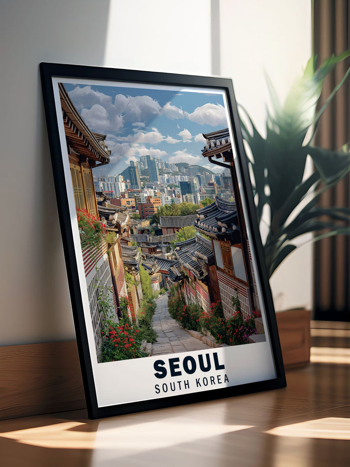This vintage inspired poster of Bukchon Hanok Village captures the serene beauty of traditional Korean architecture, perfect for your home decor and anyone who loves to explore the rich history of Seoul.