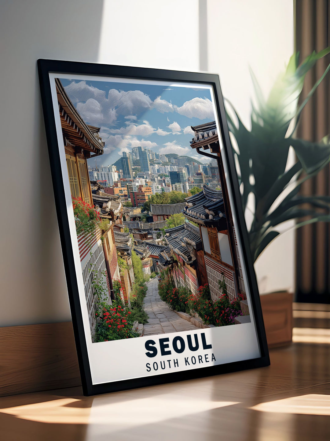 The Bukchon Hanok Travel Poster highlights the historical architecture of Seoul, showcasing its wooden homes and tiled roofs in great detail. This print makes a meaningful and artistic addition to your home or office, reflecting South Koreas rich cultural landscape.