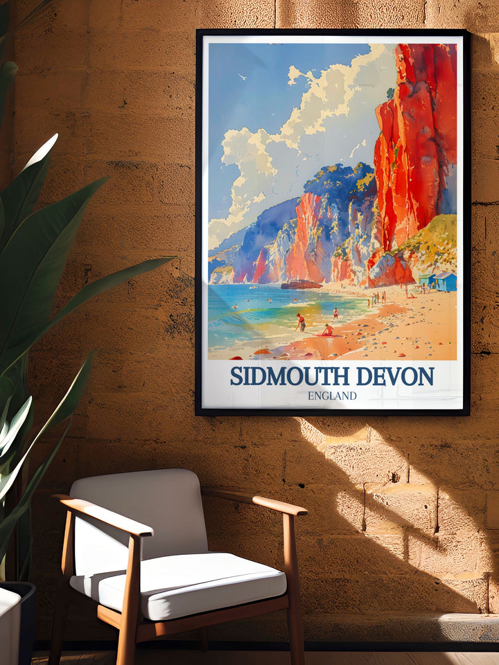 Explore the beauty of Sidmouth, Devon, with this vibrant poster showcasing the Jurassic Coast, capturing the rugged and ancient landscape that defines this stunning coastal area, perfect for nature and history enthusiasts.