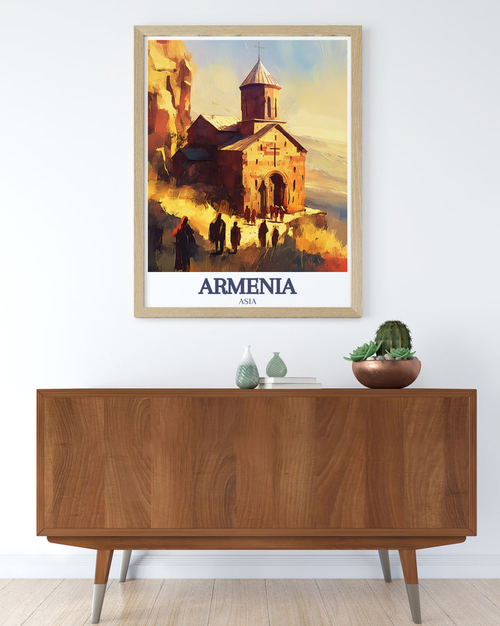 This Armenia poster print features the serene Noravank Monastery, with its towering cliffs and ancient architecture. Perfect for adding a cultural and spiritual touch to your home, this travel print is a thoughtful gift for travelers and history lovers.