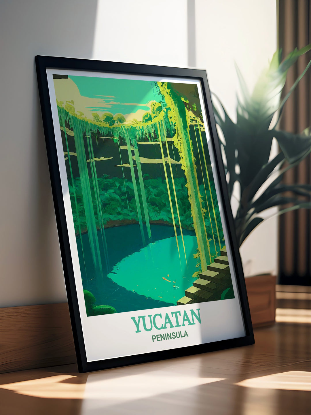 A detailed travel print featuring the Yucatan Peninsulas Cenote Ik Kil, known for its cultural significance and natural beauty. This artwork is perfect for those who love to explore new destinations.