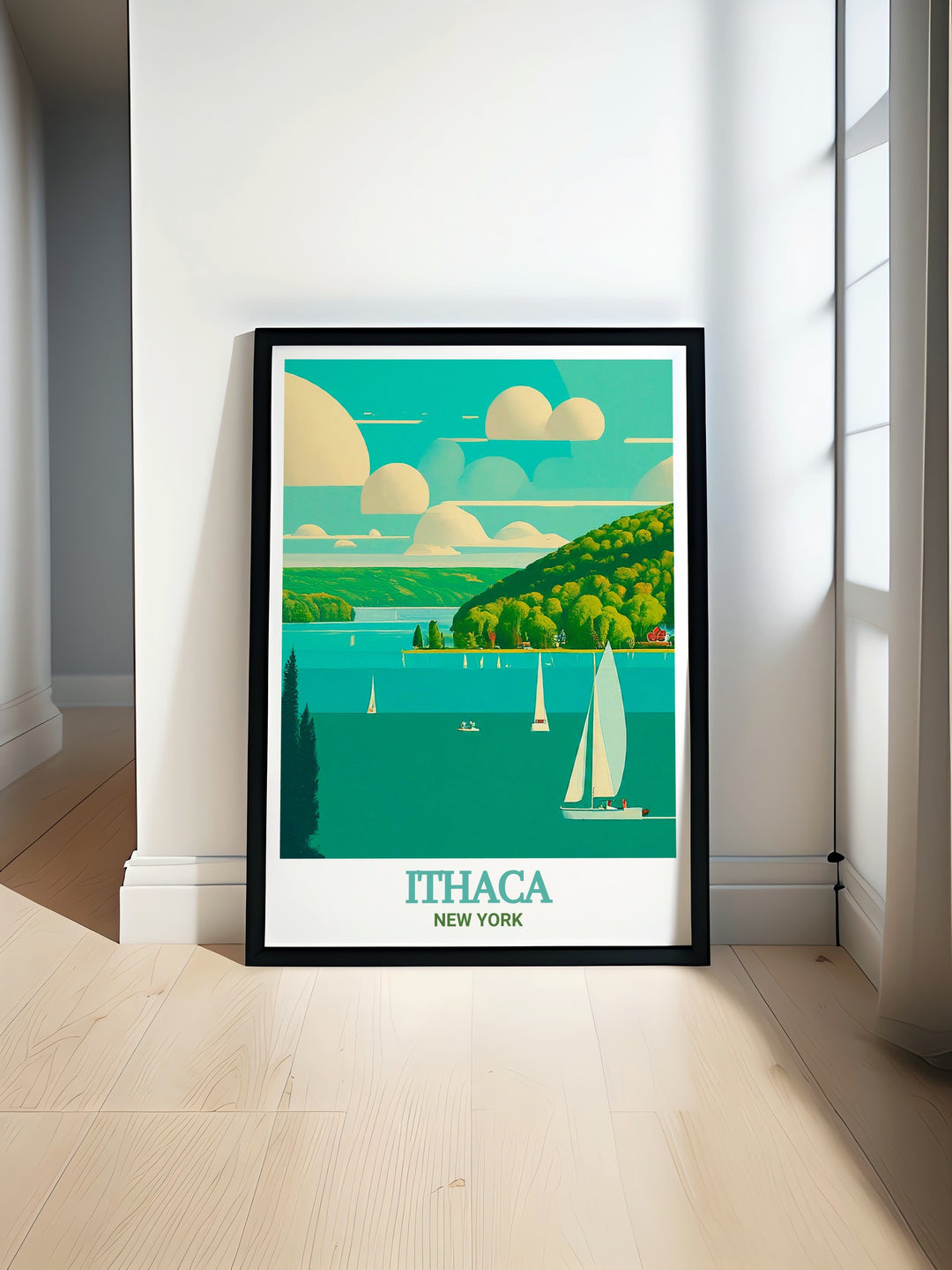 Cayuga Lake travel poster from Ithaca, New York, showcasing the serene landscapes and peaceful waters. This print captures the essence of Ithacas natural and cultural significance, perfect for enhancing your home decor.