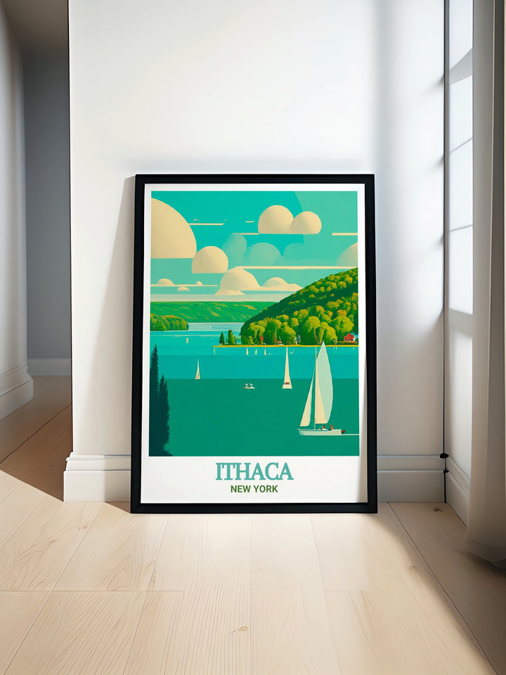 Cayuga Lake travel poster from Ithaca, New York, showcasing the serene landscapes and peaceful waters. This print captures the essence of Ithacas natural and cultural significance, perfect for enhancing your home decor.