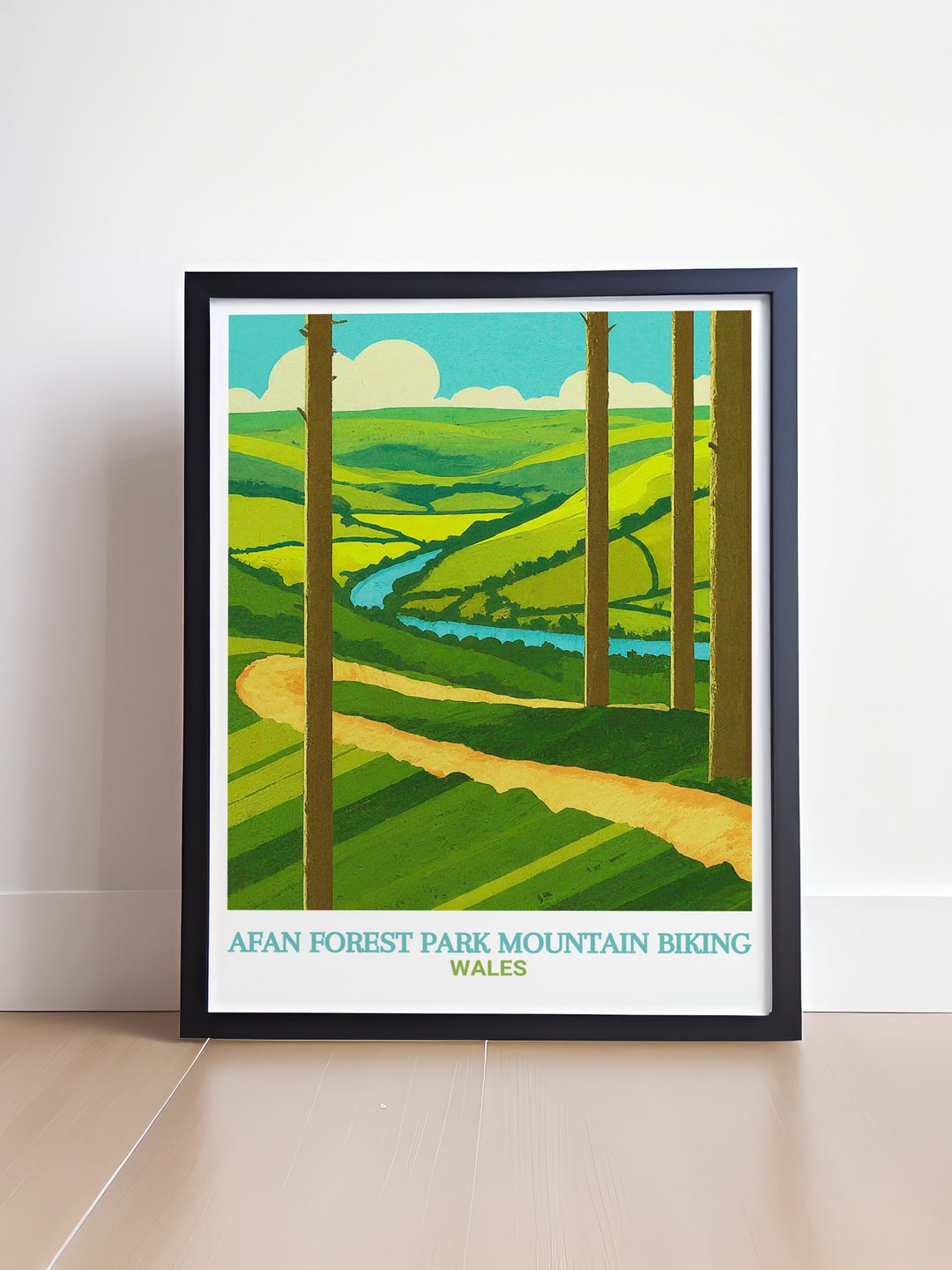 Afan Forest Mountain Biking framed art capturing the dynamic landscapes and forested paths of the Penhydd Trail in South Wales. This print brings the excitement of one of the most beloved MTB parks in Wales into any living space.