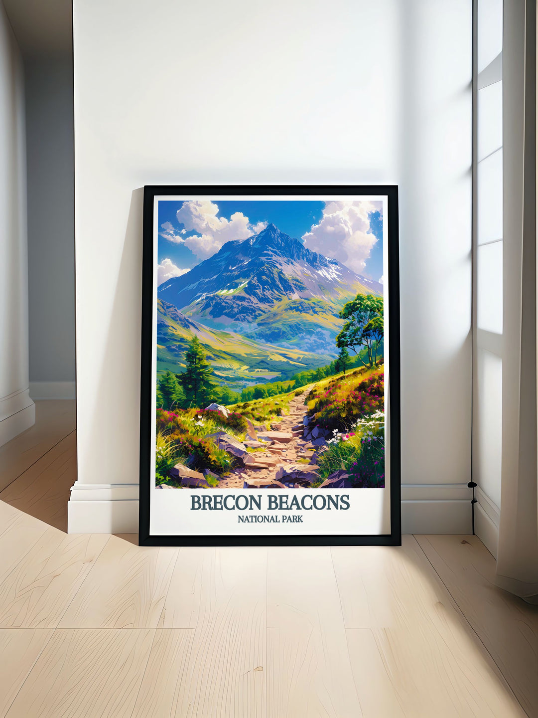 Brecon Beacons National Park print featuring the serene landscapes of Pen Y Fan and Corn Du. This vintage travel print offers a tranquil view of the Welsh countryside perfect for any home or office decor