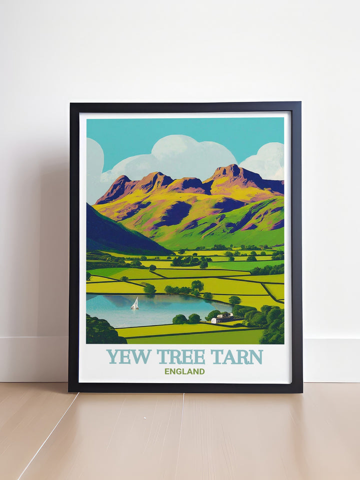 Yew Tree Tarn framed print highlighting the picturesque landscape of the Lake District with Langdale Pikes in the distance. This detailed illustration makes a great gift for those who appreciate the beauty of nature and the outdoors.