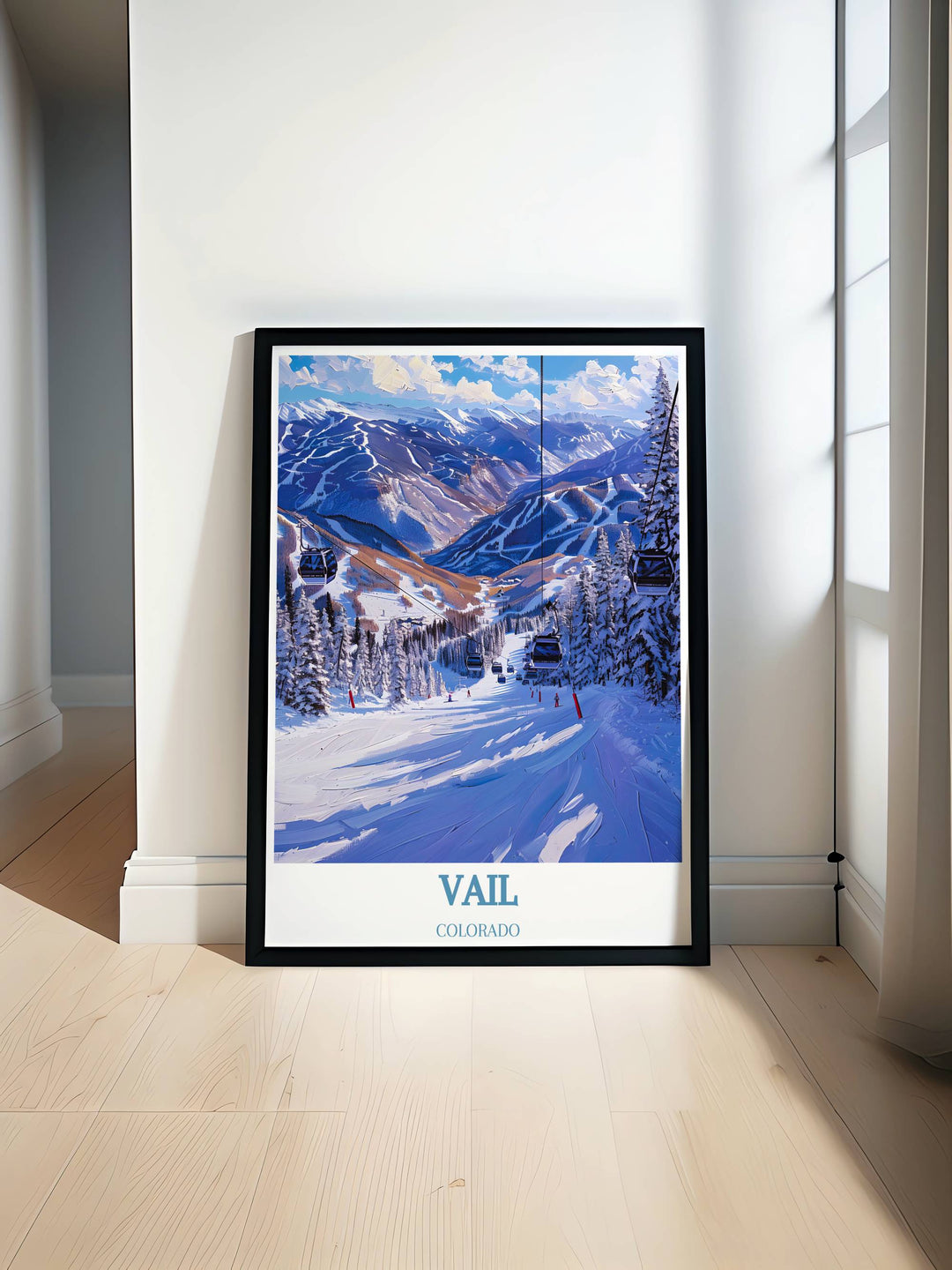 Vail Ski Resort art print featuring the expansive terrain and picturesque landscapes of Colorados premier ski destination. A beautiful addition to any gallery wall, capturing the essence of mountain adventure.