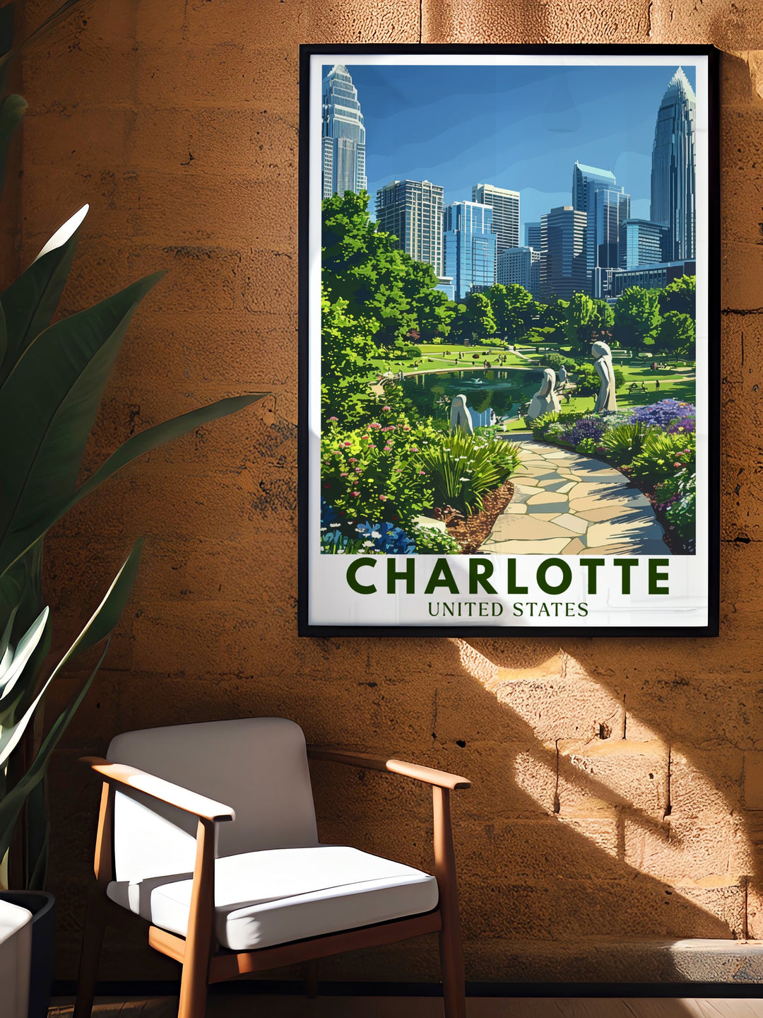 Celebrate the urban oasis that is Romare Bearden Park with this detailed Charlotte art print. The print features the lush greenery of the park set against the citys skyline, including the Bank of America Corporate Center. Ideal for home decor or as a thoughtful gift, this travel print brings a slice of Charlottes beauty into any room, perfect for lovers of cityscapes and nature alike.