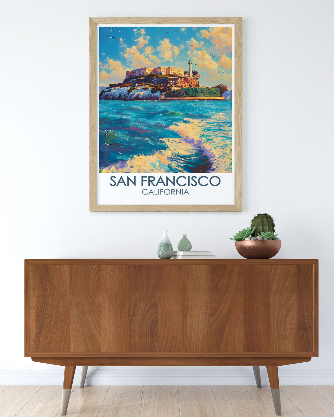 This Alcatraz Island Vintage Poster adds a classic touch to any room. With its detailed illustration of the islands historic prison and its placement within the beautiful San Francisco Bay, this art piece is perfect for fans of retro travel decor.