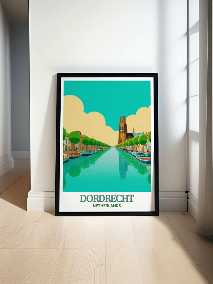 Netherlands travel poster highlighting the serene beauty of the Merwede Canal in Dordrecht, where history and nature blend seamlessly. This print is an excellent way to bring the peacefulness of Dutch canals into your living space.