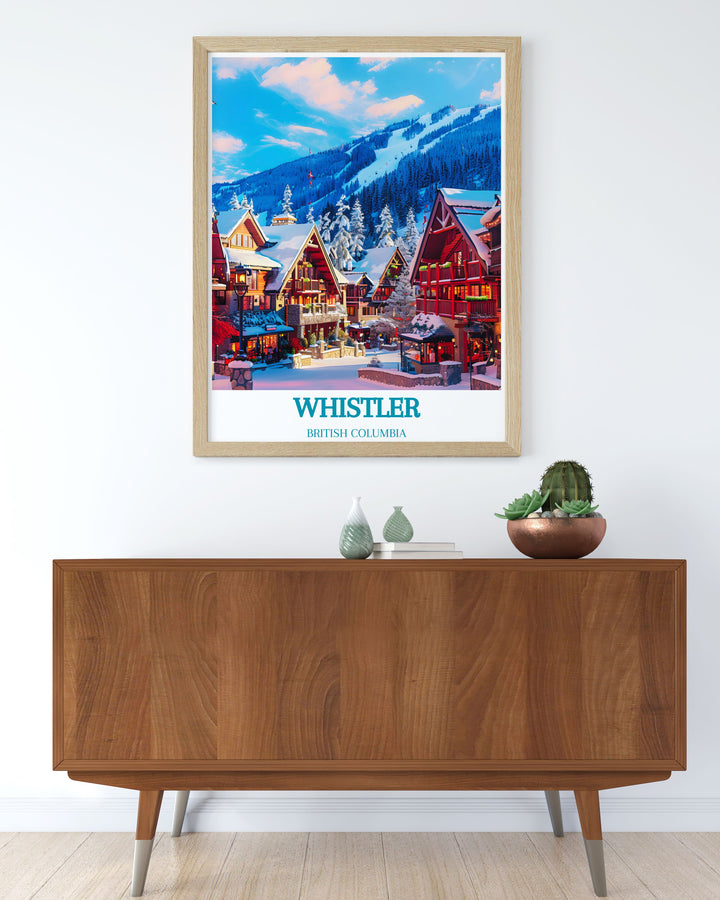 Timeless framed art depicting the serene beauty of Whistler Village, British Columbia. The vibrant colors and detailed illustrations highlight the villages charming architecture and dynamic setting, perfect for any room.