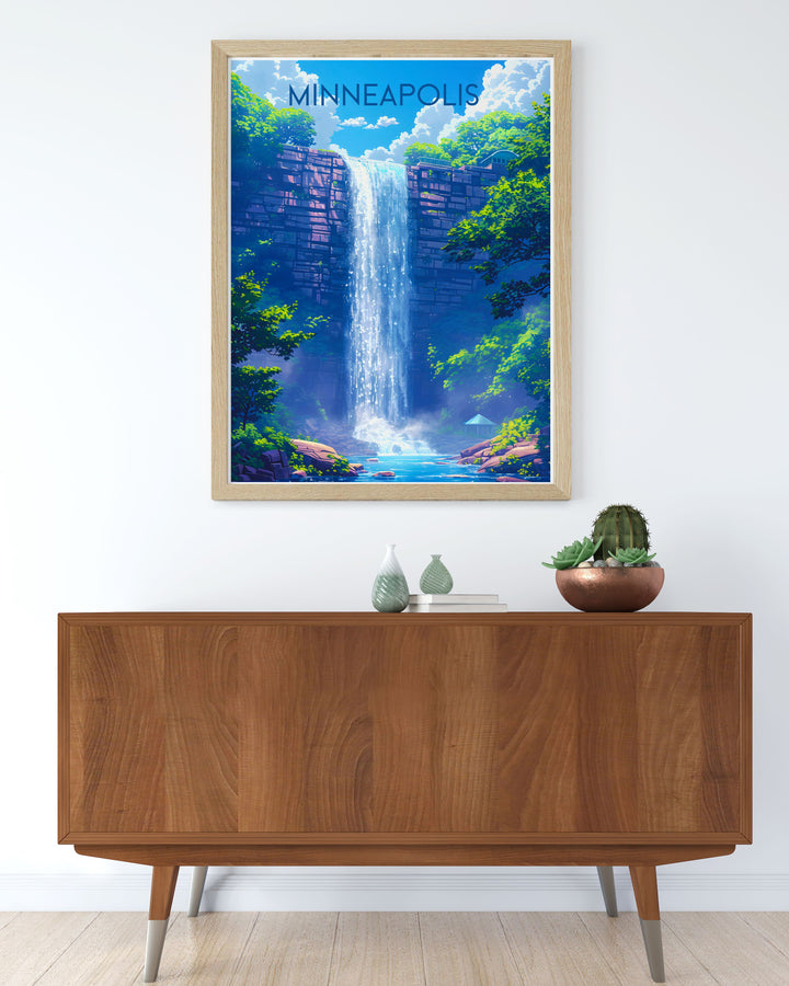 This art print highlights the picturesque scenery of Minnehaha Falls, from its cascading waters to its lush green surroundings, making it a perfect addition to your scenic art collection.
