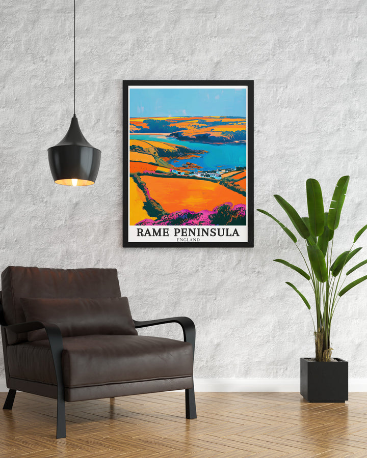 The Rame Peninsula art print with Rame Head Whitsand Bay is a must have for anyone who loves Cornwalls natural beauty Perfect for modern or traditional decor this artwork adds elegance and tranquility to any room making it a perfect gift or personal keepsake.