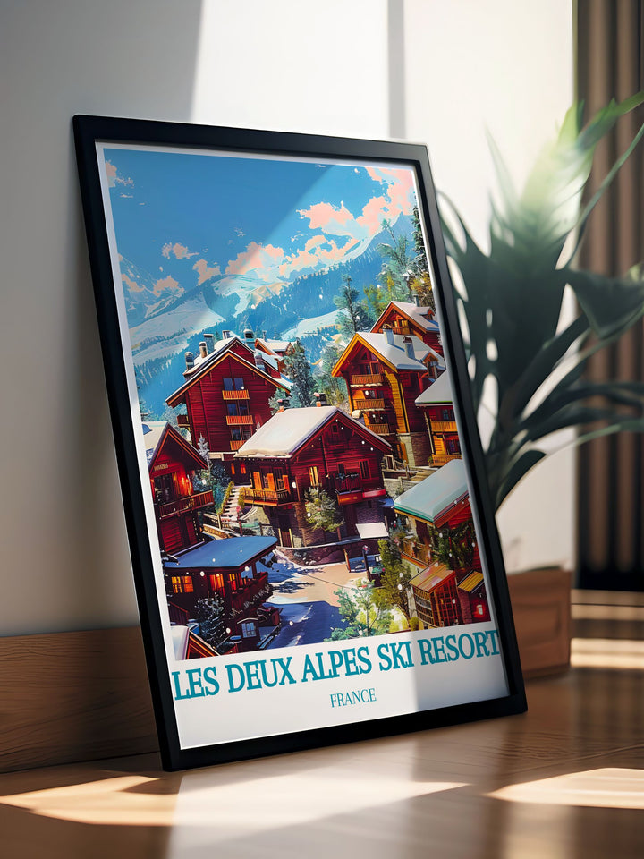 This vibrant art print of Les Deux Alpes Ski Resort captures the bustling ski village and snow covered slopes, making it a standout piece for those who love winter sports and alpine scenery.