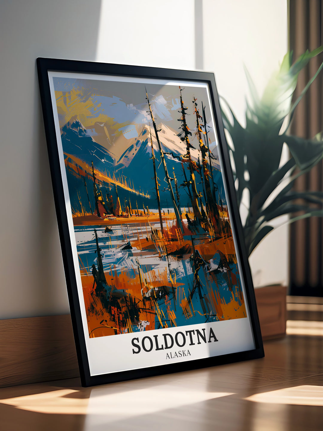 High quality Soldotna poster featuring the breathtaking Kenai Peninsula and the lush greenery of the boreal forest. The print showcases the wild landscapes that define Alaska, ideal for enhancing any space with the untamed beauty of the Last Frontier