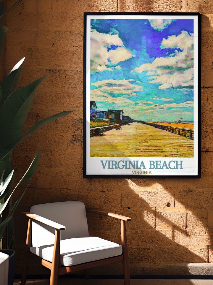 Unique Virginia Beach decor with Virginia Beach Boardwalk framed print offering a blend of fine line art and urban charm perfect for adding a touch of sophistication to any living space and making an excellent gift