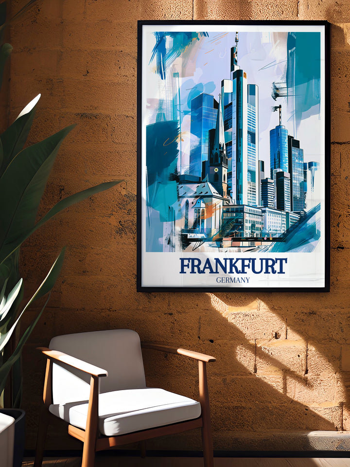 A high quality canvas art print of Frankfurt, Germany, featuring the Commerzbank Tower and surrounding skyline. This artwork showcases the architectural splendor of Frankfurts financial district, making it an excellent addition to any modern decor. The detailed design captures the essence of Frankfurts urban landscape, offering a visual journey through one of Germanys most iconic cities. Perfect for art collectors and travel lovers alike.