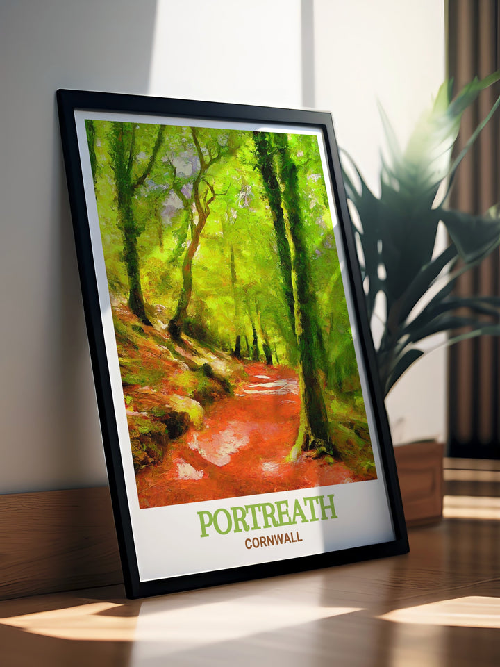 This print of Portreath and Illogan Woods highlights the natural beauty of Cornwalls diverse landscapes. The artwork showcases the tranquil atmosphere of both locations, making it an ideal choice for anyone who loves the outdoors. Whether youre drawn to the coast or the forest, this print brings the best of Cornwall into your home.