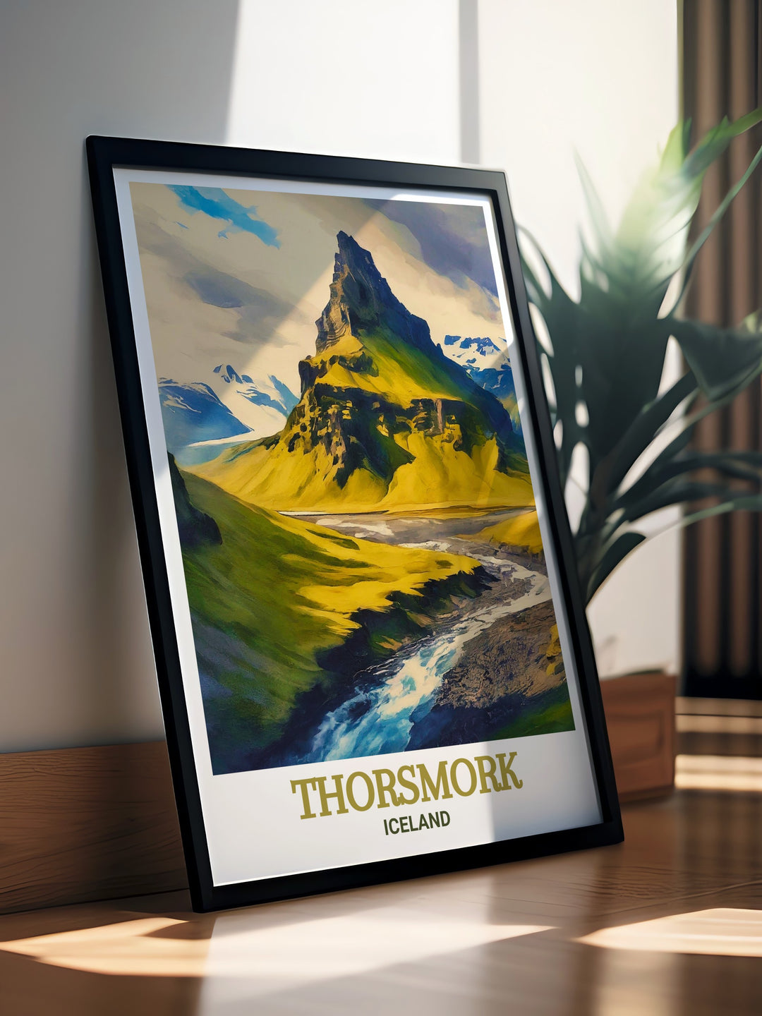 A breathtaking view of Thorsmork valley and Valahnúkur Mountain, this print offers a glimpse into the pristine beauty of Icelands most cherished natural reserves.