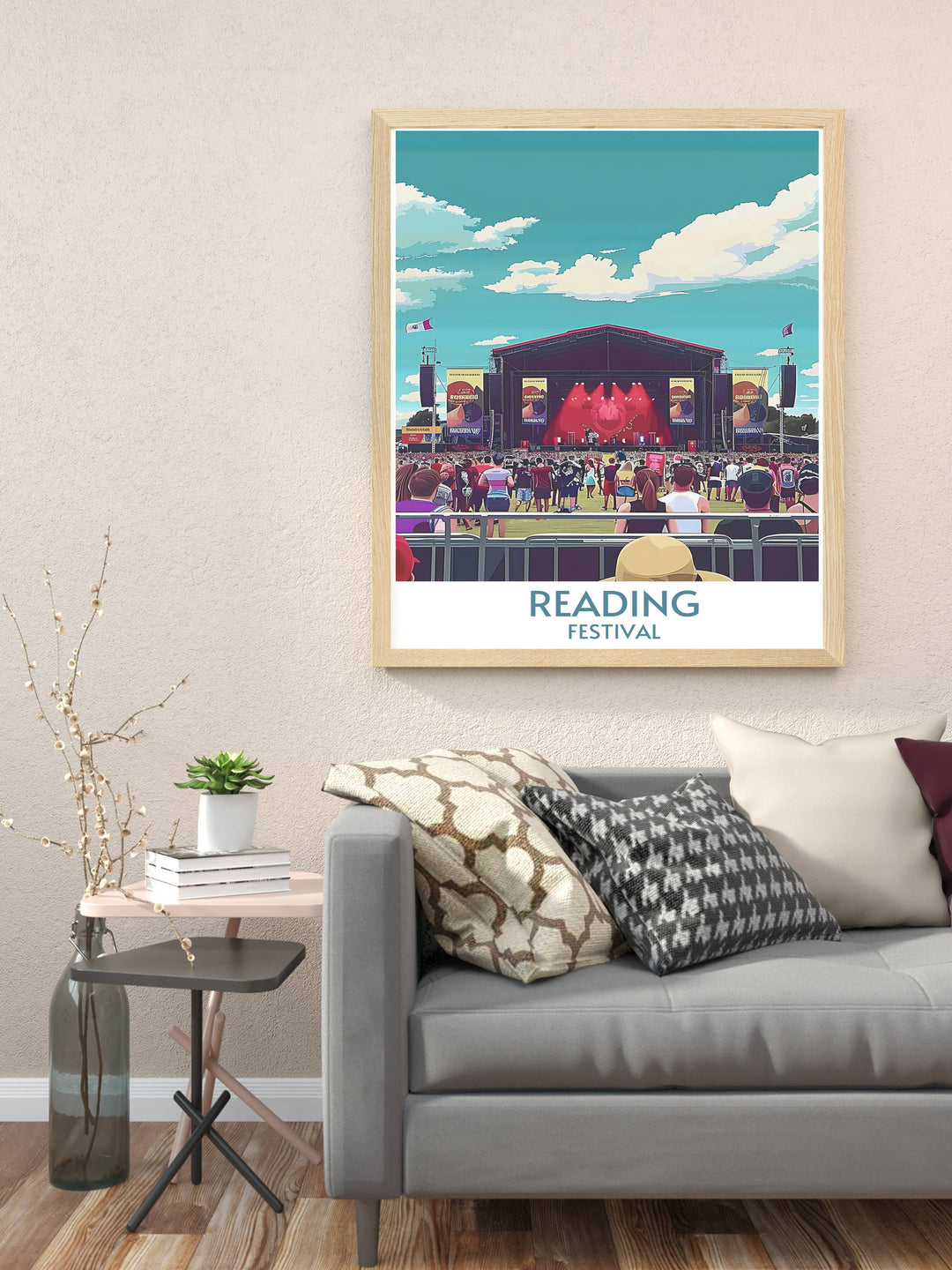 Main Stage Framed Print showcasing an iconic performance scene from the Reading Festival with elegant Art Deco touches ideal for home living spaces