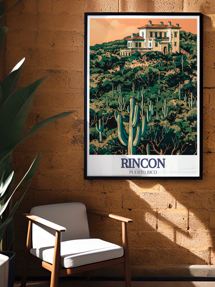 This travel art piece showcases the beauty of Rincon de la Vieja, Castillo Serrallés, and the Guánica Dry Forest in Costa Rica. With rich details and vivid colors, this artwork is a tribute to the natural and architectural wonders of this incredible destination.