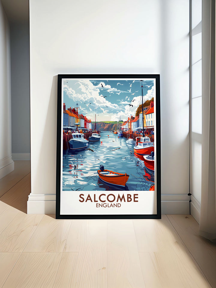 Experience the charm of Salcombe Harbor with this vintage travel print featuring vibrant colors and detailed Devon illustration ideal for any home decor