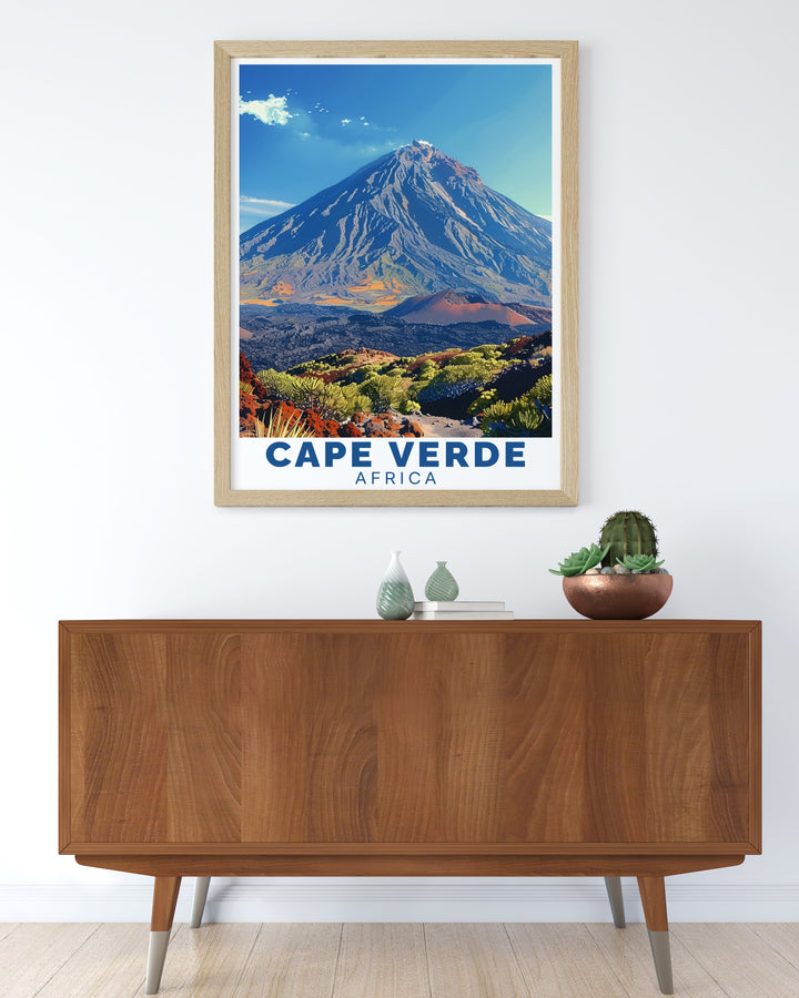 Celebrate the charm of Cape Verde with this vintage travel poster, which features the rugged landscapes of Poco do Fogo and the calm waters of Sao Vicente. The artwork offers a striking visual of Cape Verdes diversity, making it a must have for African art enthusiasts.